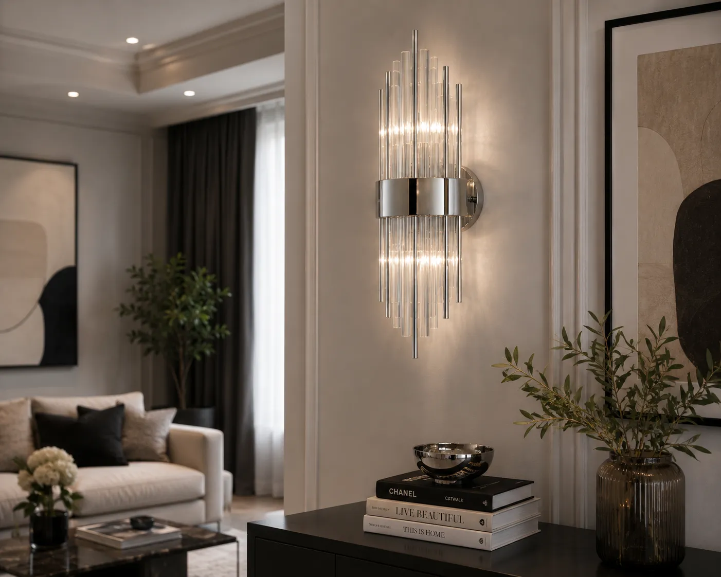 Aplique de pared varillas de cristal pequeño, Plateado (22*60cm) (Foco E14*2 no incluye)