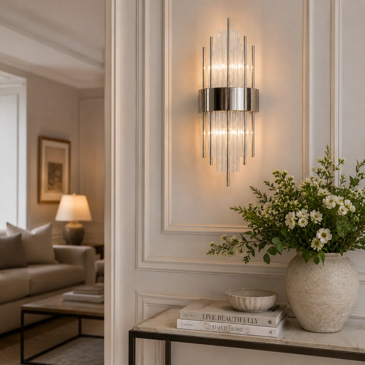 Aplique de pared varillas de cristal grande, Plateado (18*46cm) (Foco E14*2 no incluye)