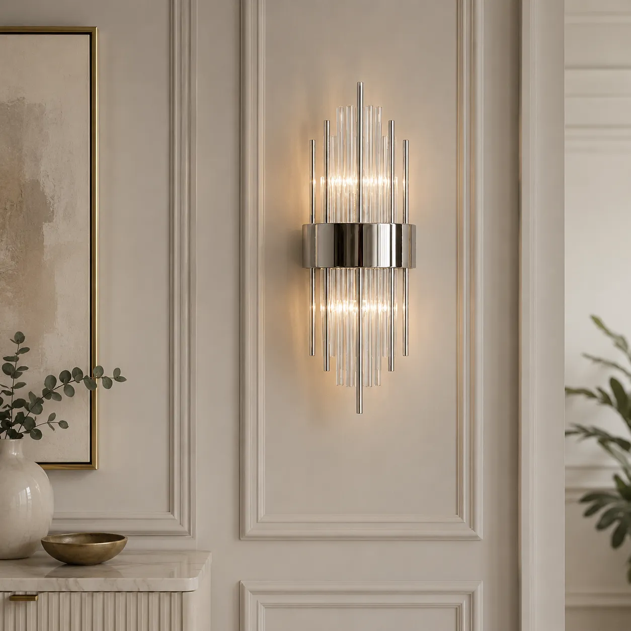Aplique de pared varillas de cristal grande, Plateado (18*46cm) (Foco E14*2 no incluye)