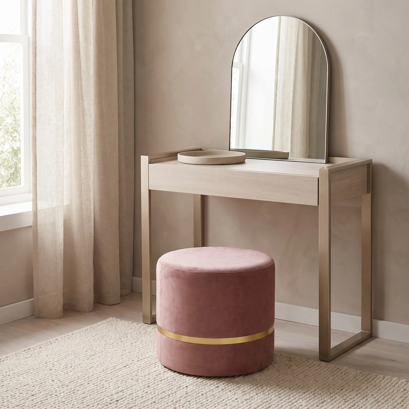 Pouf de terciopelo con ribete, Rosa antiguo (40*40*35cm)
