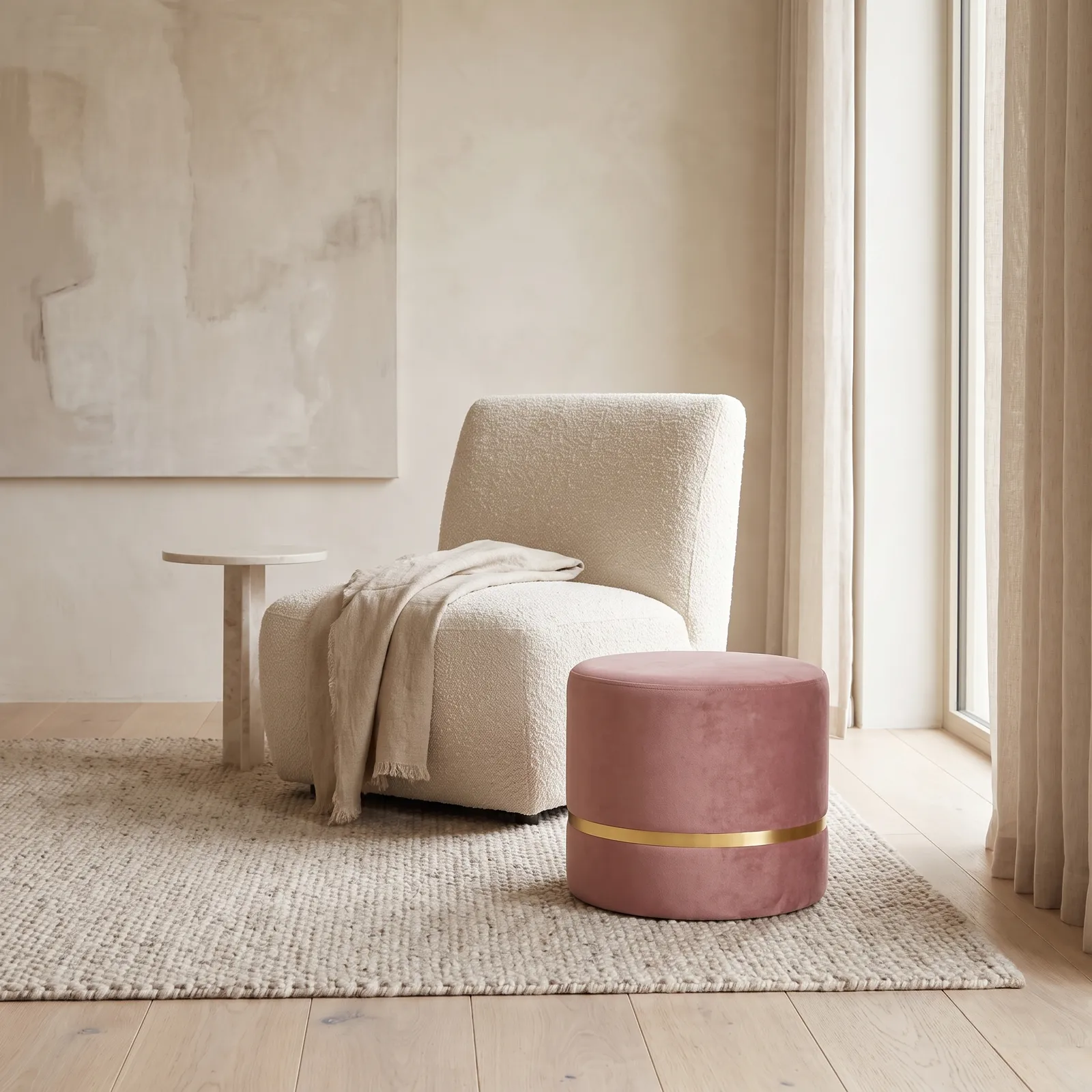 Pouf de terciopelo con ribete, Rosa antiguo (40*40*35cm)