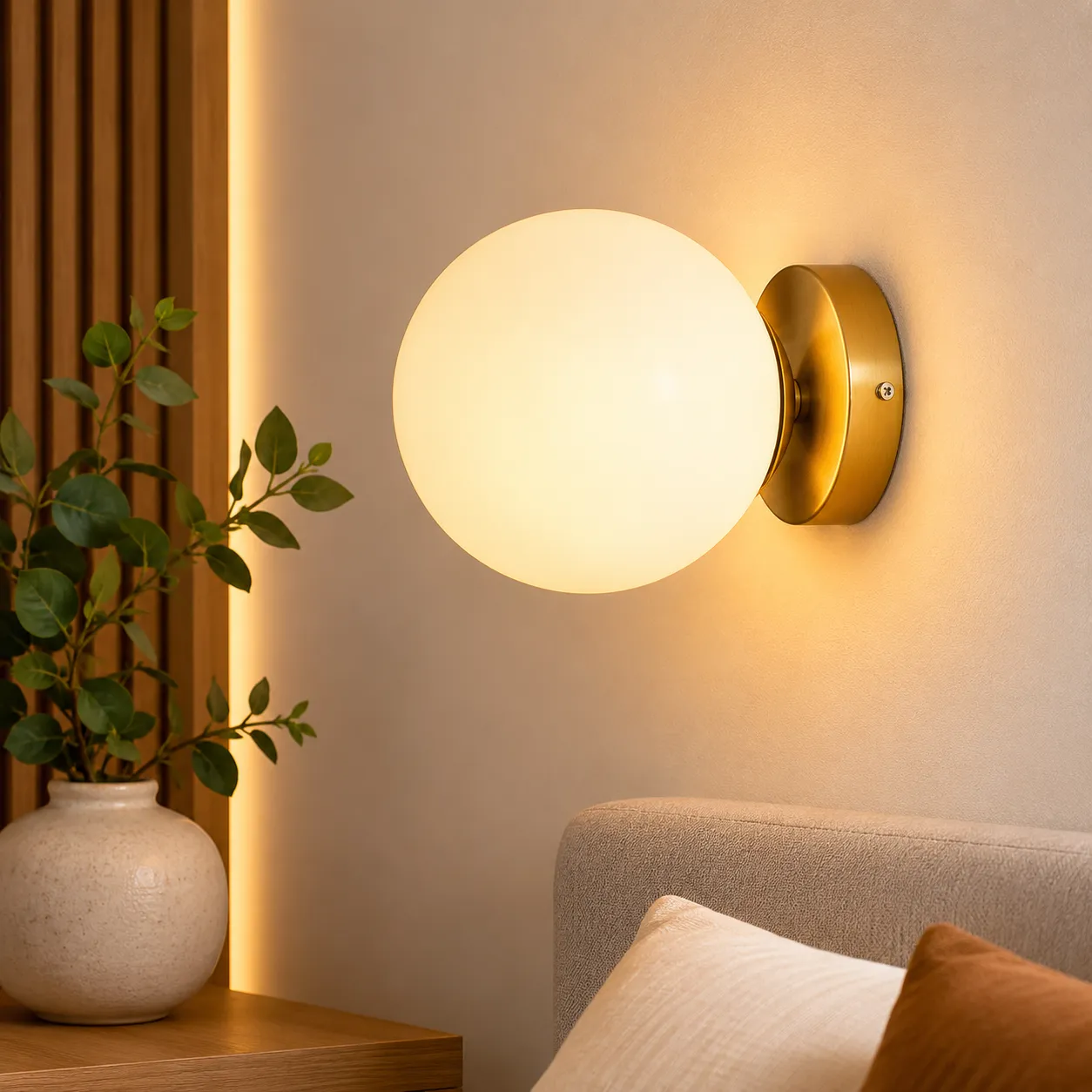Aplique de pared esfera opalina corto, Dorado (15cm) (1 foco E14 no incluido)