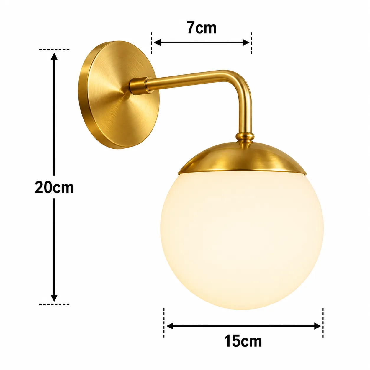 Aplique de pared esfera opalina con brazo curvo, Dorado (15*7*20cm)