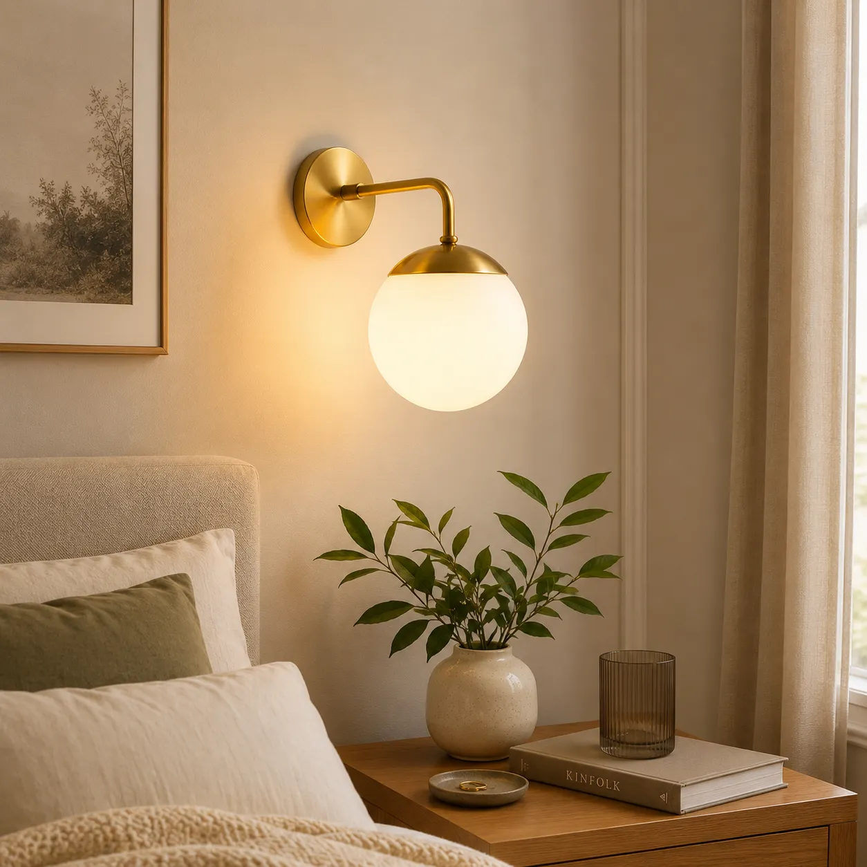 Aplique de pared esfera opalina con brazo curvo, Dorado (15*7*20cm) (1 foco E27BULB3000K no incluido)