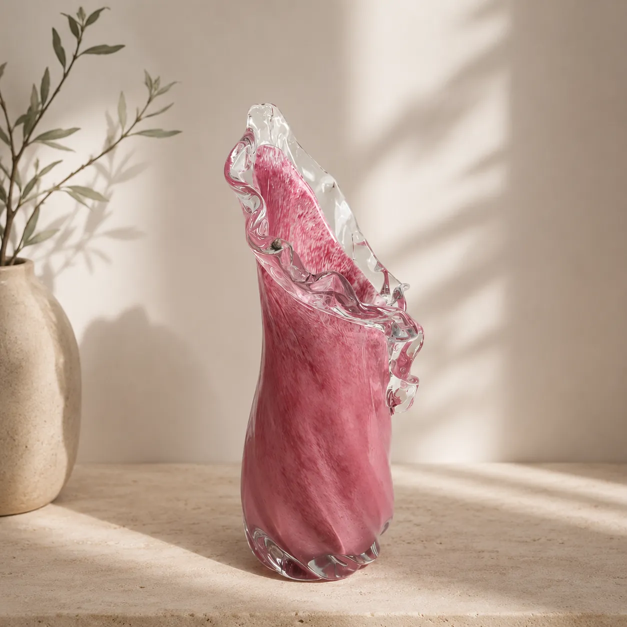 Jarrón de cristal de Murano orgánico pequeño, Rosado (11*11*33cm)