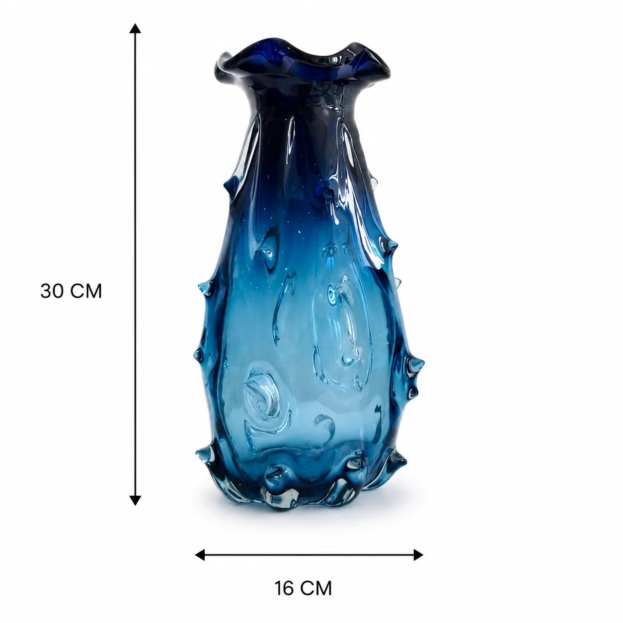 Jarrón de cristal de Murano ondulado grande, Azul (16*30cm)