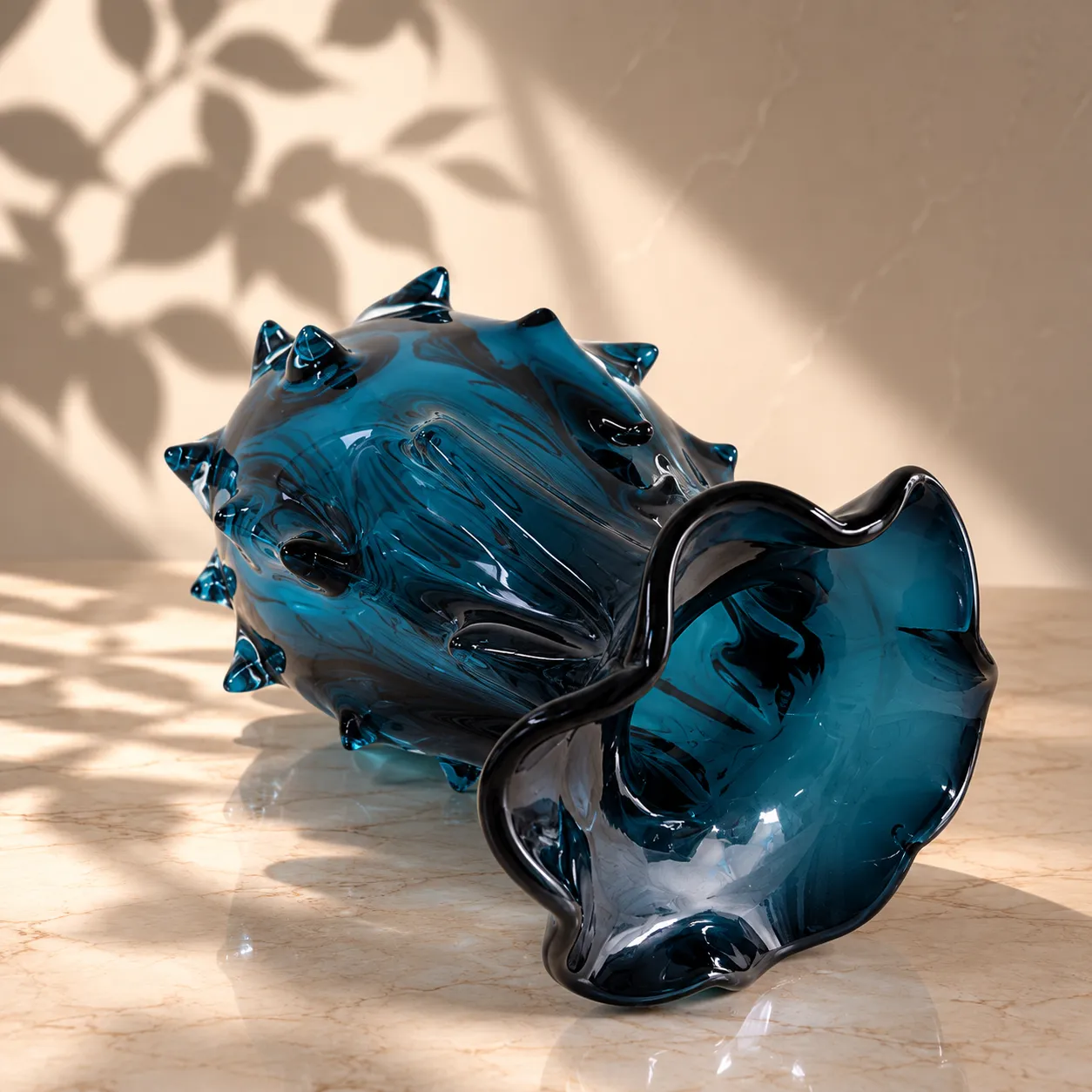 Jarrón de cristal de Murano ondulado grande, Azul (16*30cm)