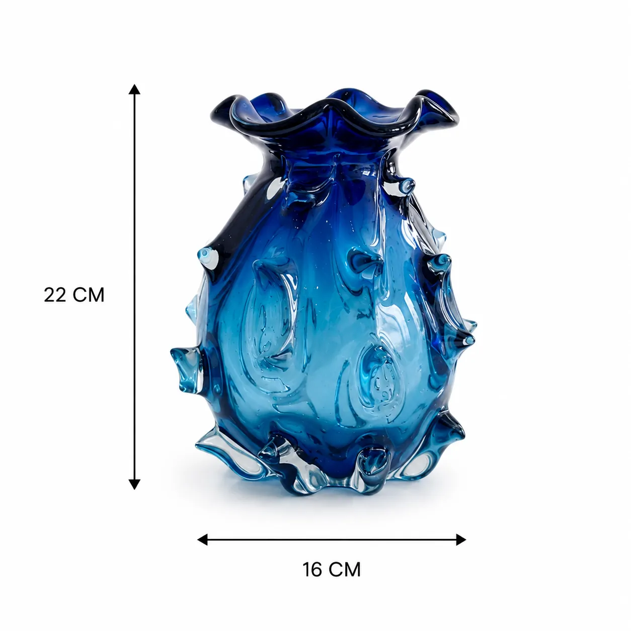 Jarrón de cristal de Murano ondulado mediano, Azul (16*22cm)