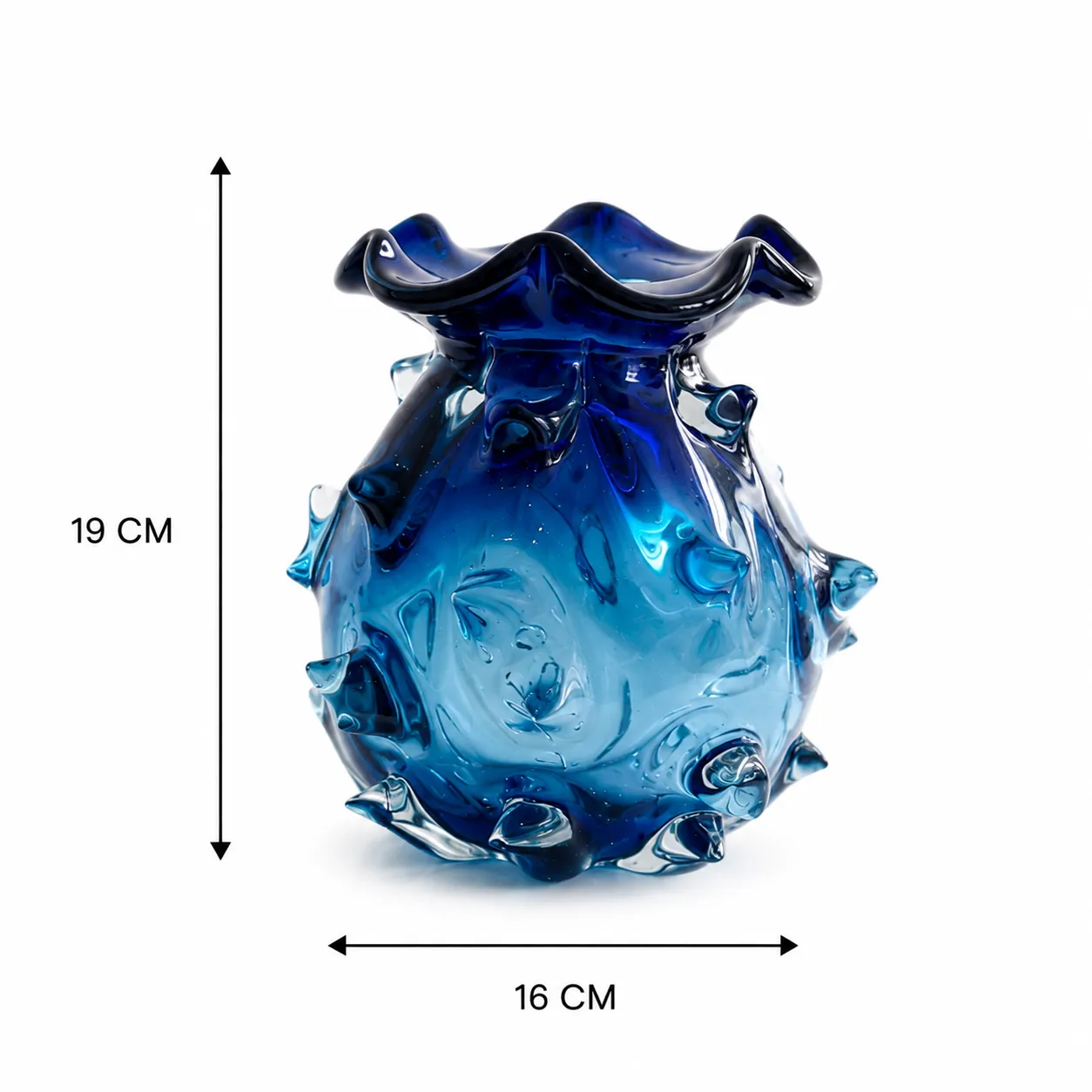 Jarrón de cristal de Murano ondulado pequeño, Azul (16*19cm)