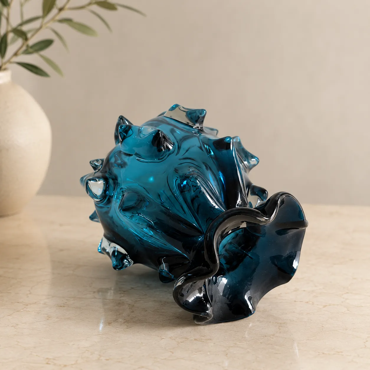 Jarrón de cristal de Murano ondulado pequeño, Azul (16*19cm)