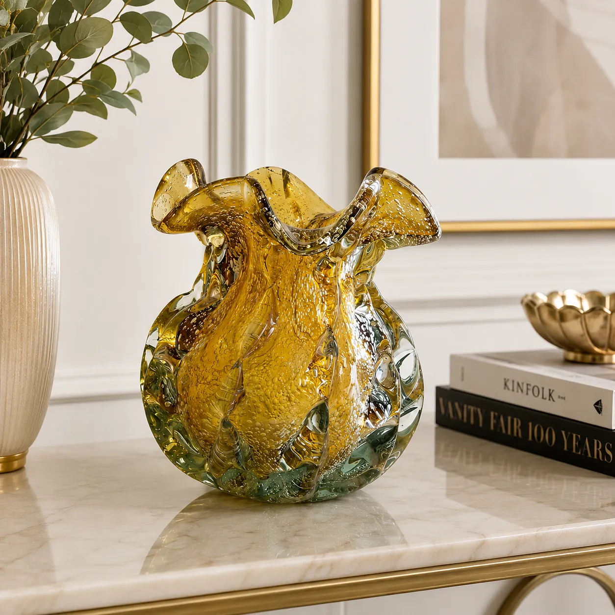 Jarrón de cristal de Murano ondulado grande, Ámbar (23*22cm)