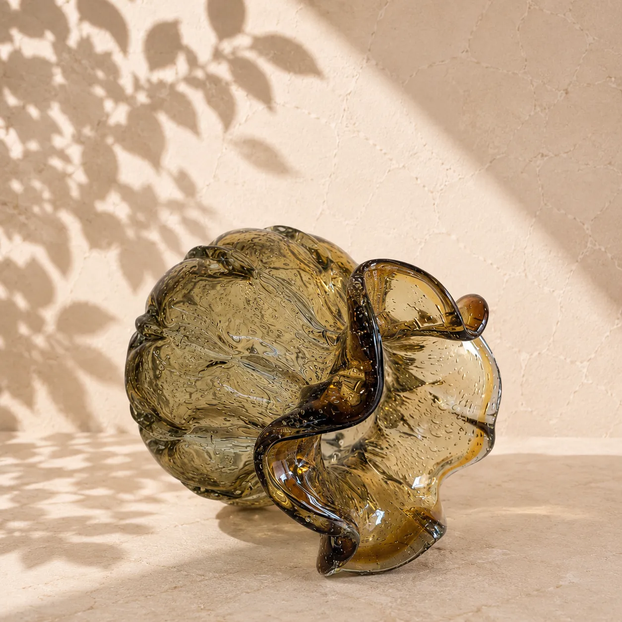Jarrón de cristal de Murano ondulado grande, Ámbar (23*22cm)