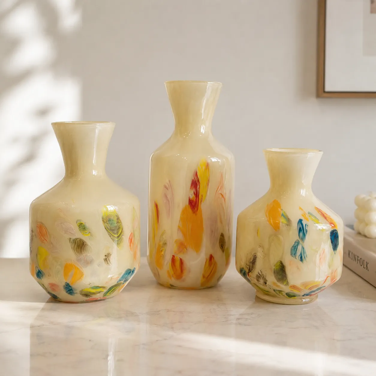 Jarrón de cristal pintado grande, Marfil (15*33cm)