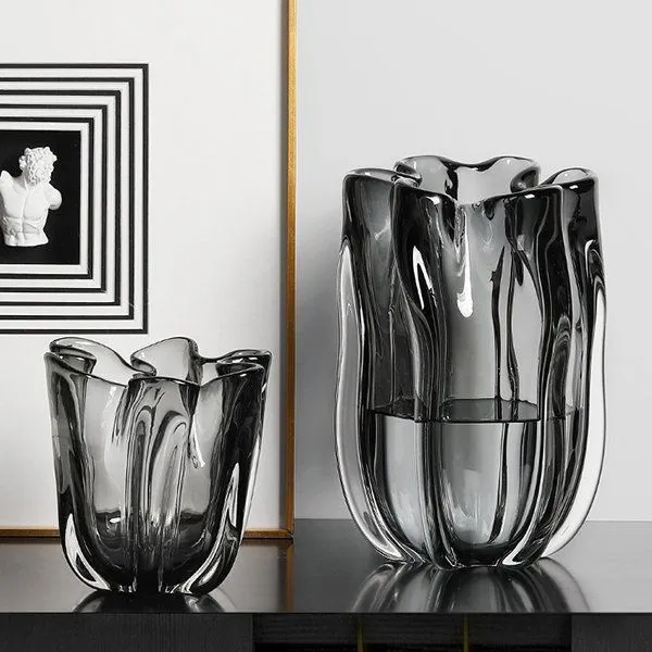 Jarrón de cristal de Murano ondulado pequeño, Humo (14*17cm)