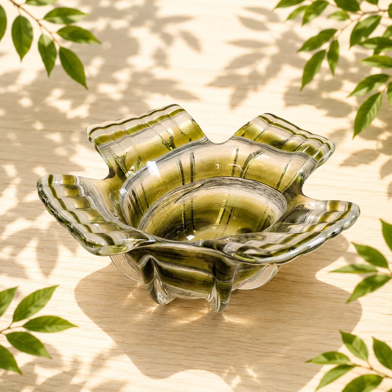 Bandeja de cristal de Murano ondulada, Verde oliva (25*11cm)