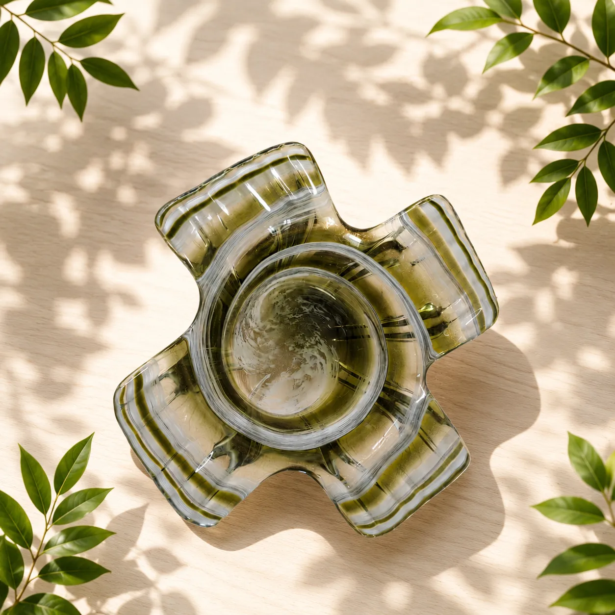 Bandeja de cristal de Murano ondulada, Verde oliva (25*11cm)
