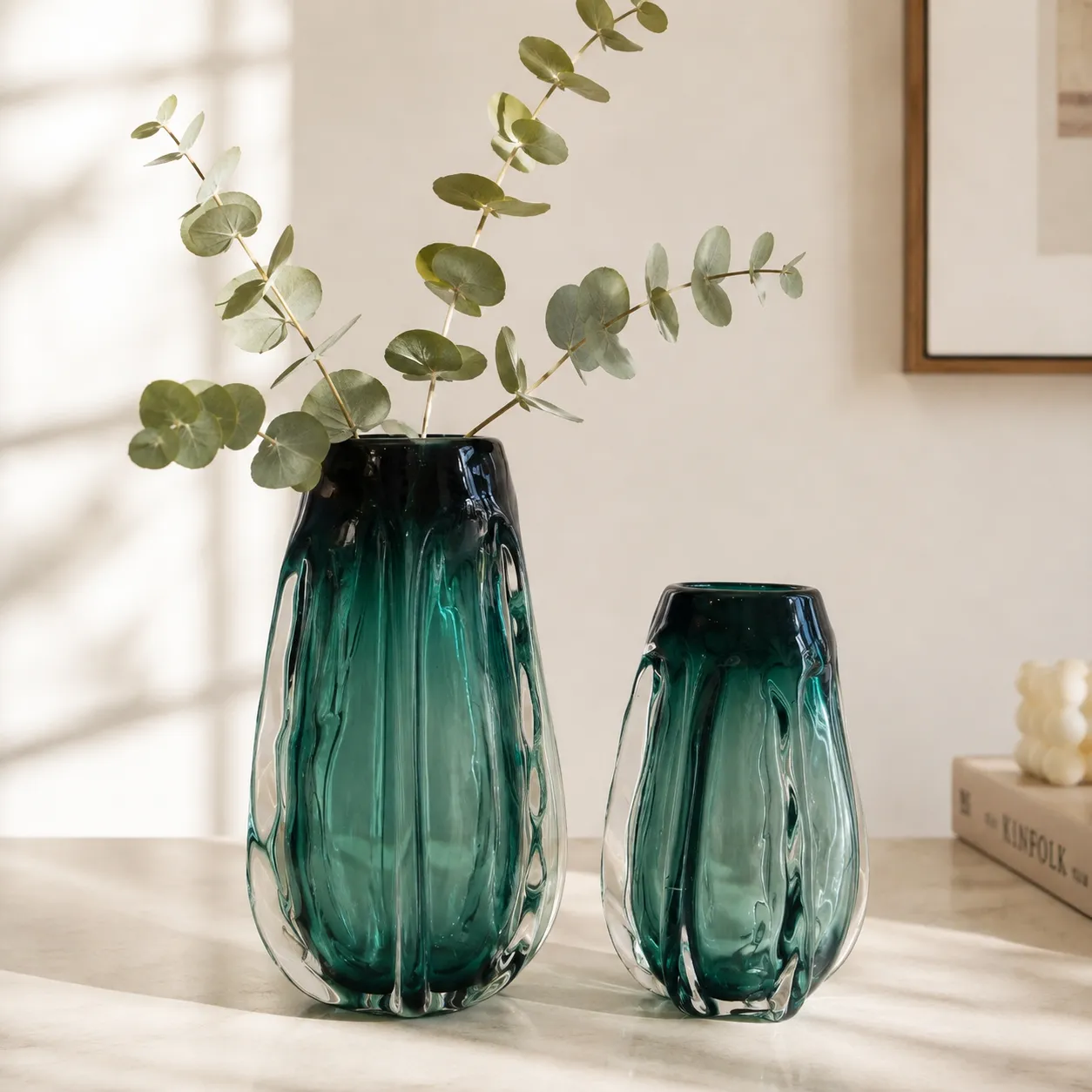 Jarrón de cristal de Murano facetado pequeño, Verde azulado (11*20cm)