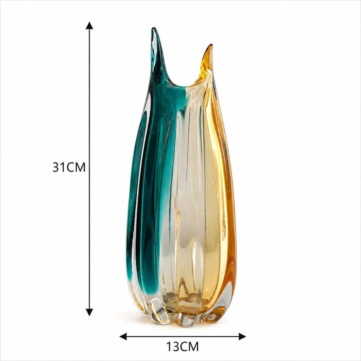 Jarrón de cristal de Murano alargado grande, Turquesa y ámbar (13*31cm)