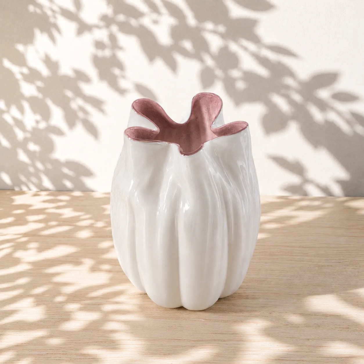 Jarrón de cristal de Murano acanalado grande, Blanco (21*34cm)
