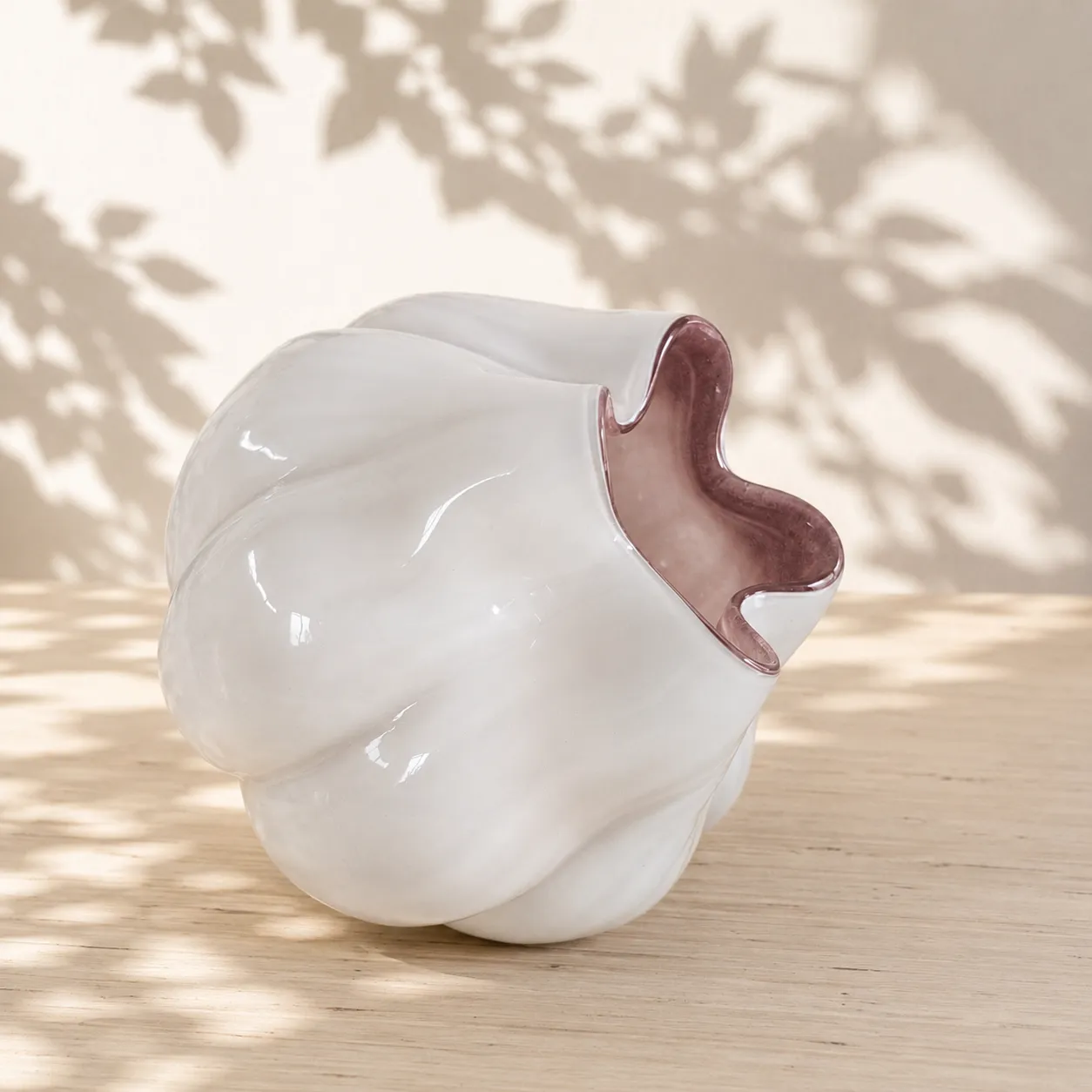 Jarrón de cristal de Murano acanalado pequeño, Blanco (17*20cm)