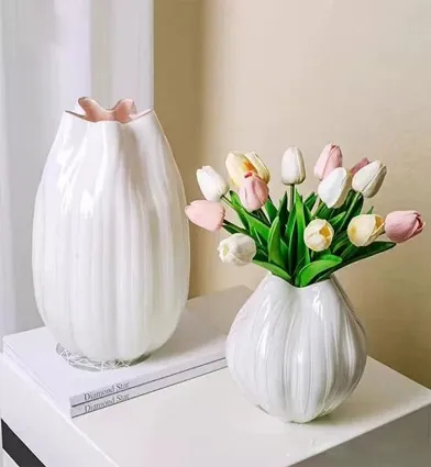 Jarrón de cristal de Murano acanalado pequeño, Blanco (17*20cm)