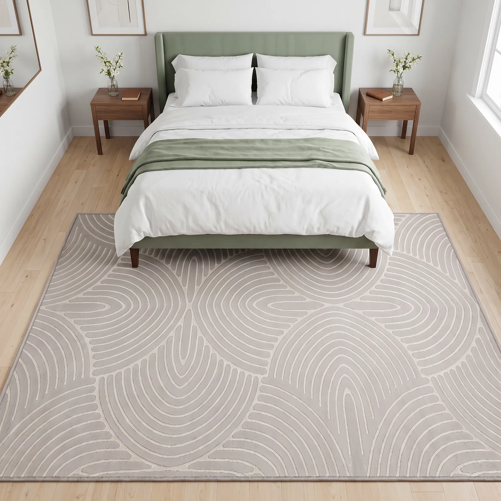 Alfombra ondas concéntricas Miranda grande, Gris perla, grosor 2 cm, reverso de yute (200*290cm)