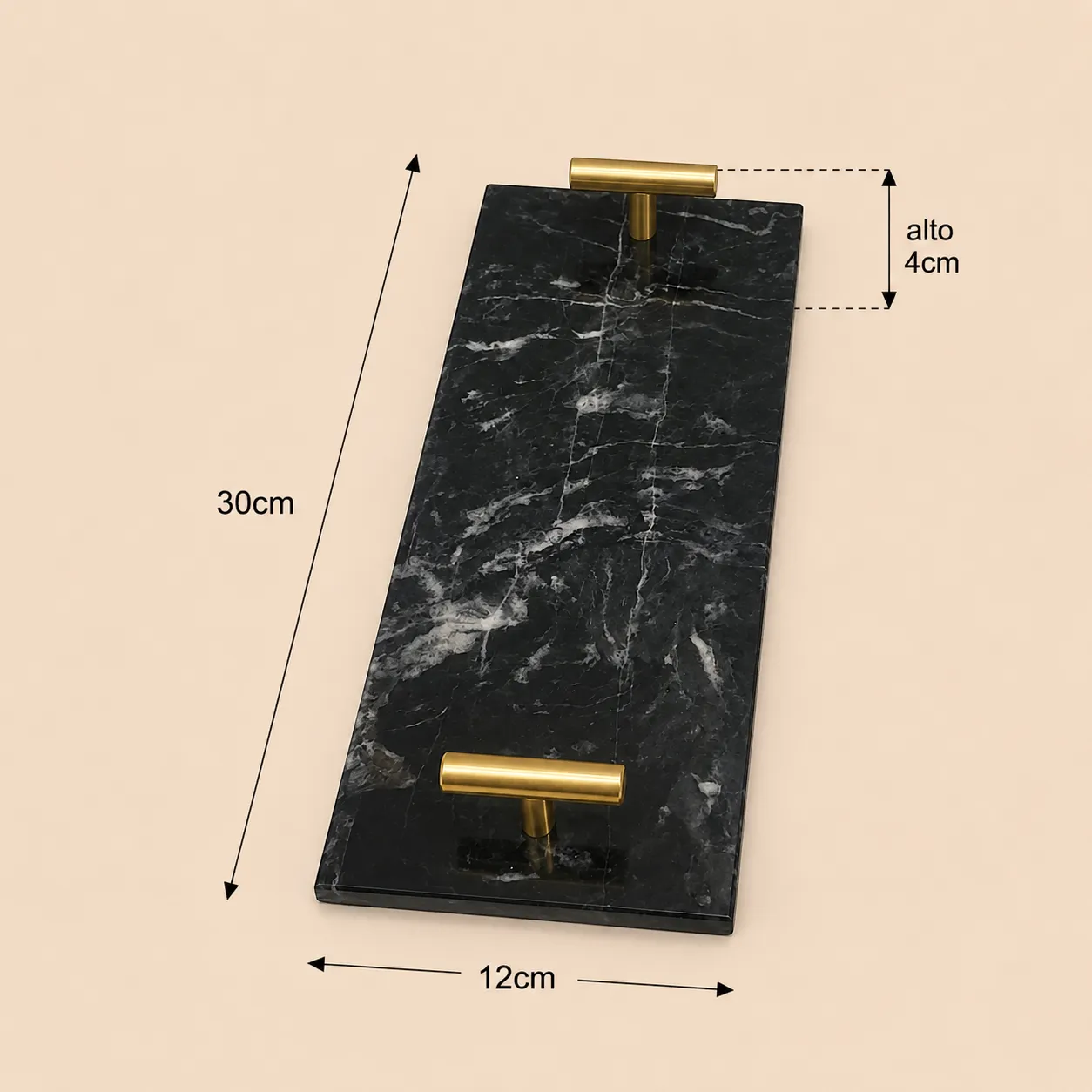 Bandeja alargada de mármol con agarraderas doradas, Negro (30*12*4cm)