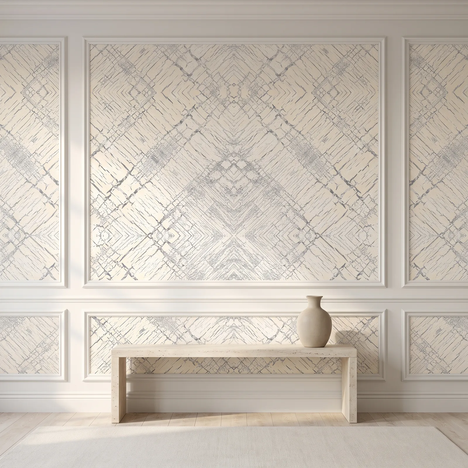 Papel tapiz rombos geométrico, Marfil y gris (16,54m²)
