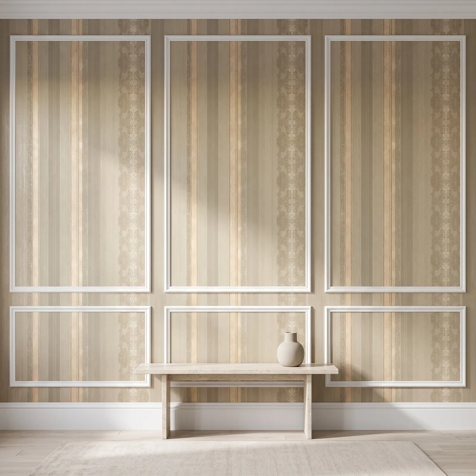 Papel tapiz rayas con encaje, Dorado (16,54m²)