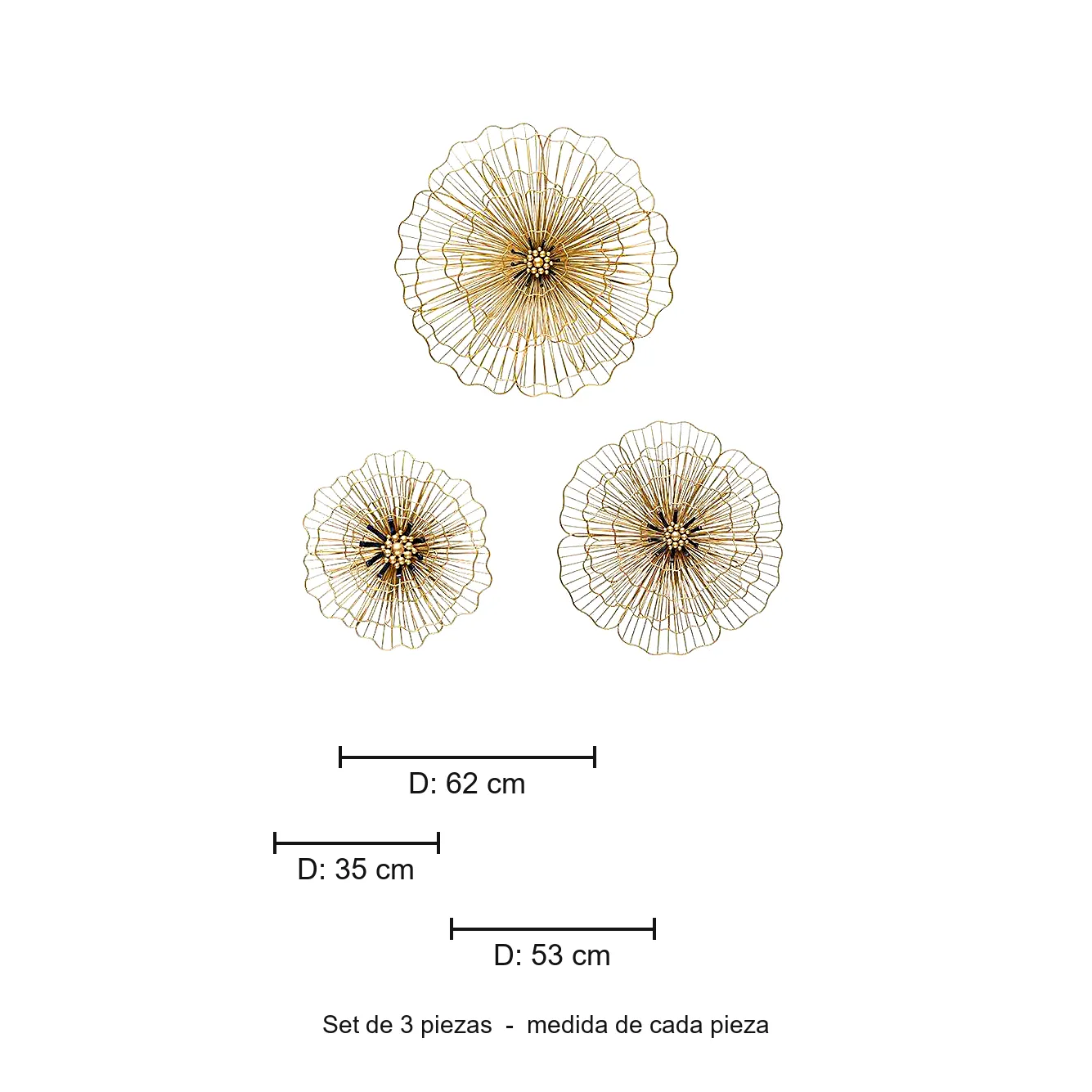 Set esculturas de pared flores de hilo, Dorado (pequeña 6*35cm, mediana 10*53cm, grande10*62cm)