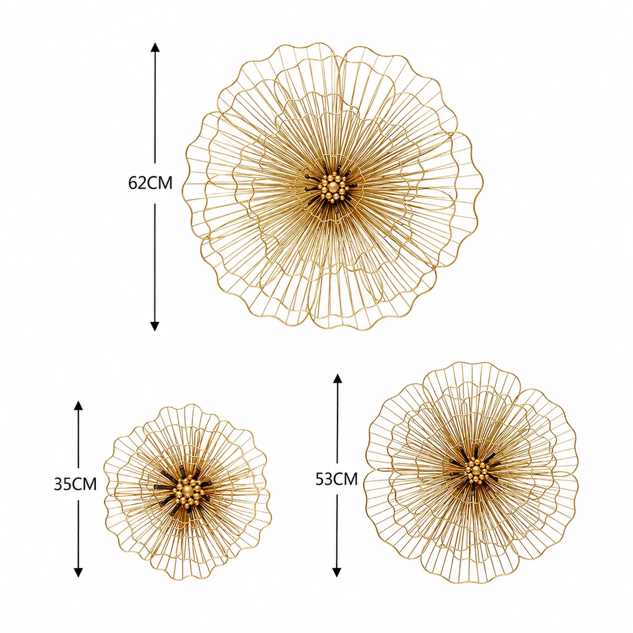 Set esculturas de pared flores de hilo, Dorado (pequeña 6*35cm, mediana 10*53cm, grande10*62cm)