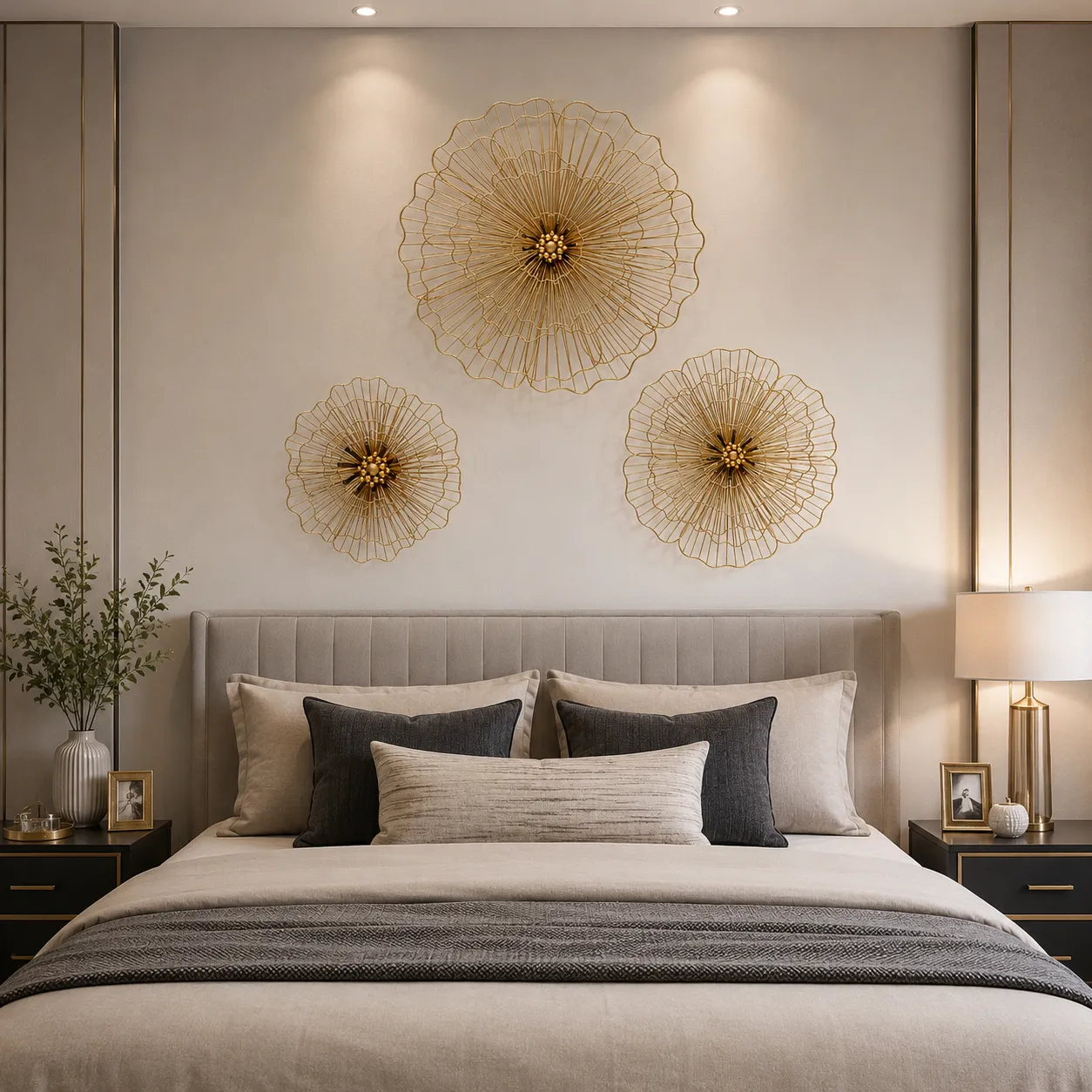 Set esculturas de pared flores de hilo, Dorado (pequeña 6*35cm, mediana 10*53cm, grande10*62cm)