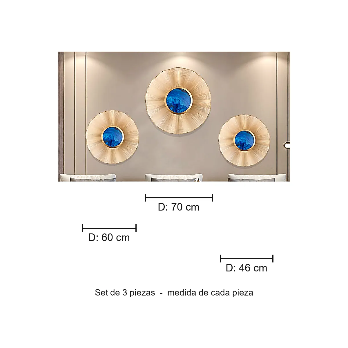 Set esculturas de pared discos con ágata, Dorado y azul (pequeña D46cm, mediana D60cm, grande D70cm)