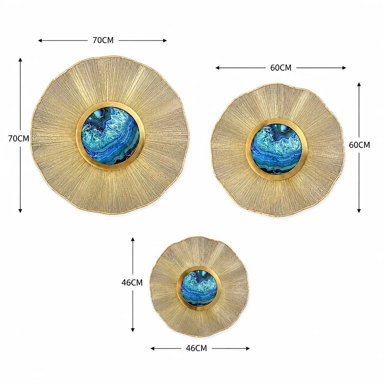 Set esculturas de pared discos con ágata, Dorado y azul (pequeña D46cm, mediana D60cm, grande D70cm)