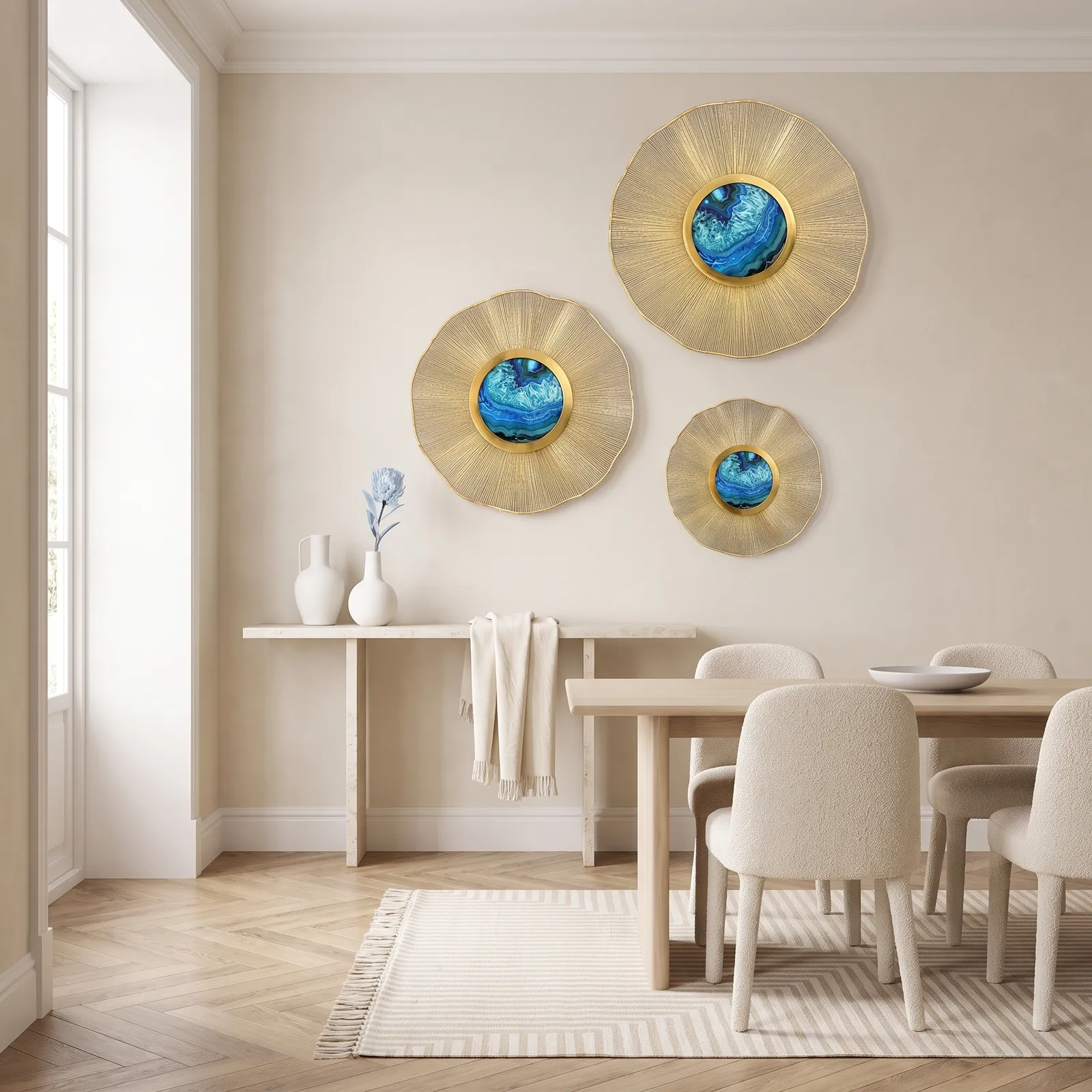 Set esculturas de pared discos con ágata, Dorado y azul (pequeña D46cm, mediana D60cm, grande D70cm)