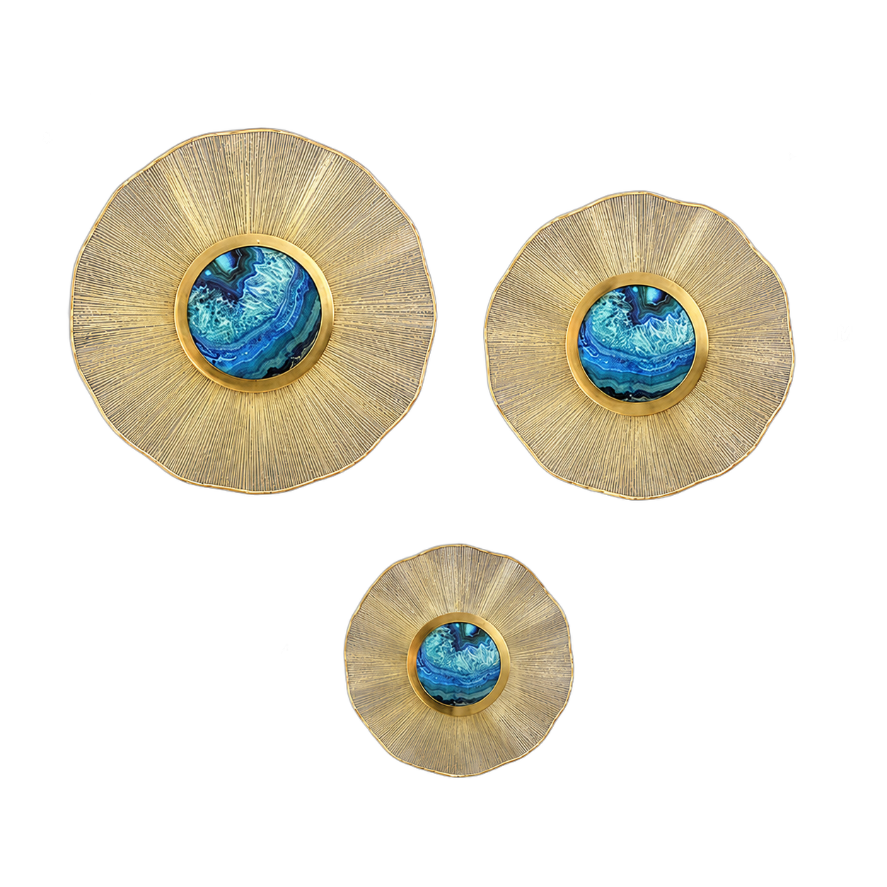 Set esculturas de pared discos con ágata, Dorado y azul (pequeña D46cm, mediana D60cm, grande D70cm)