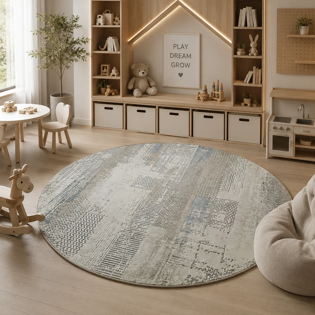 Alfombra circular abstracta, Gris azulado, grosor 2 cm, reverso de yute (D160cm)