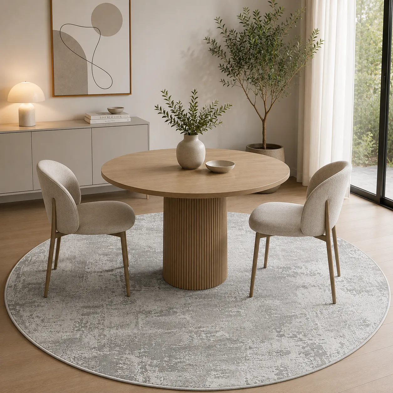 Alfombra circular abstracta, Hueso, grosor 2 cm, reverso de yute (D160cm)