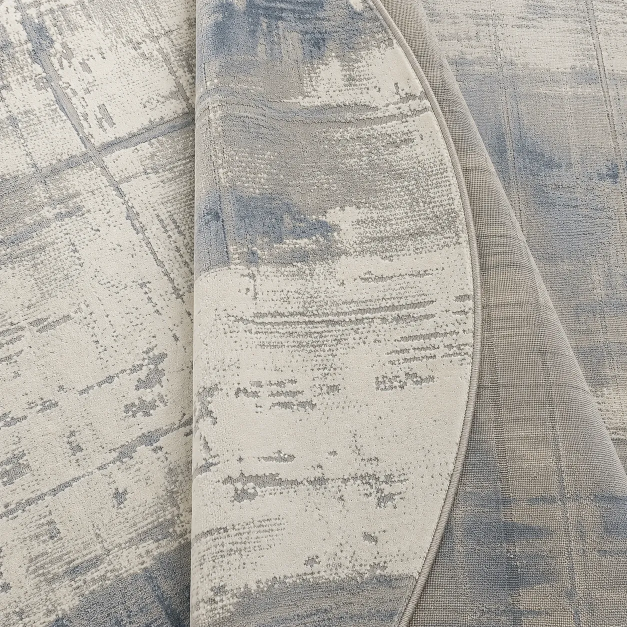 Alfombra circular abstracta, Azul y blanco, grosor 2 cm, reverso de yute (D160cm)