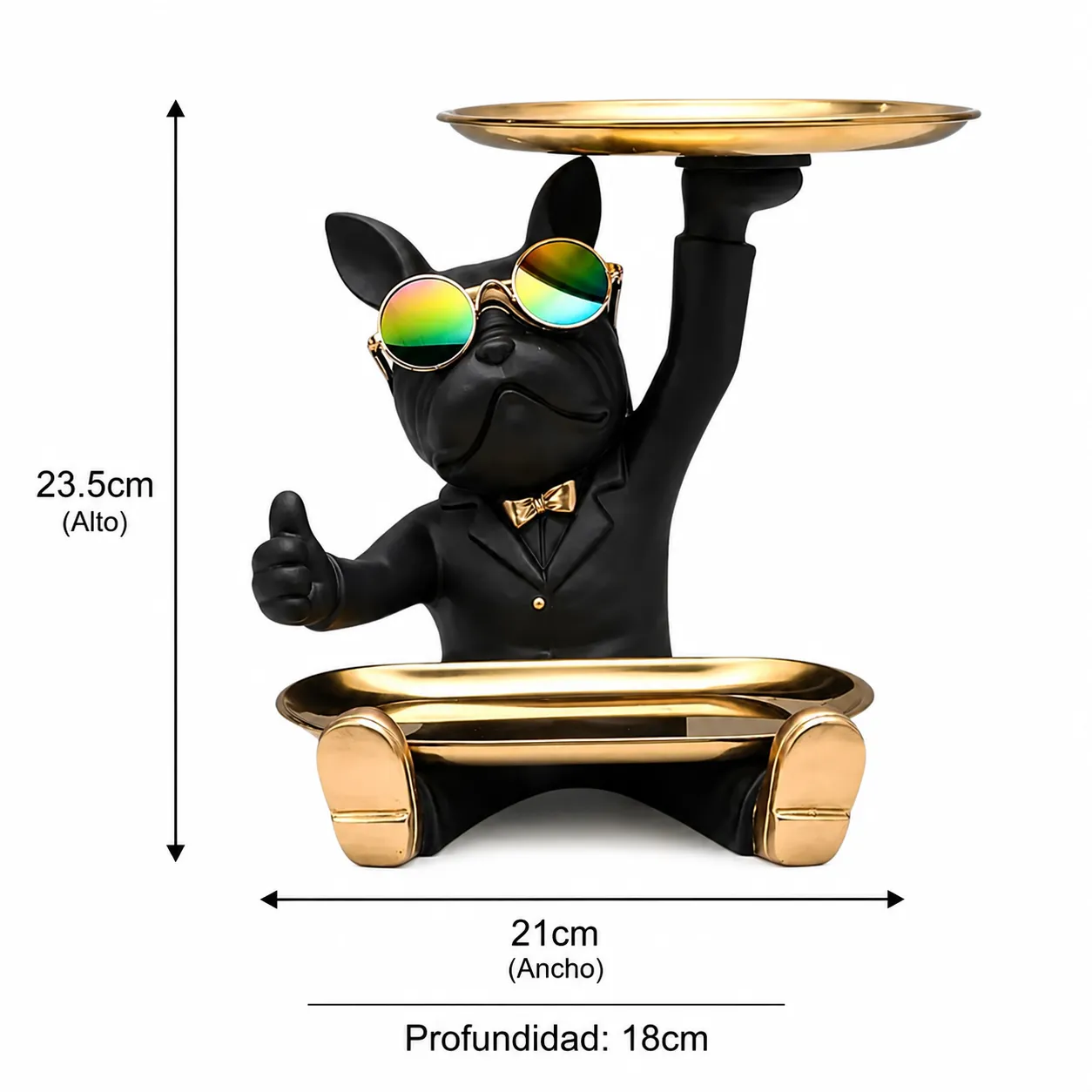 Adorno vaciabolsillos bulldog con bandeja y base, Negro y dorado (21*18*23.5cm)