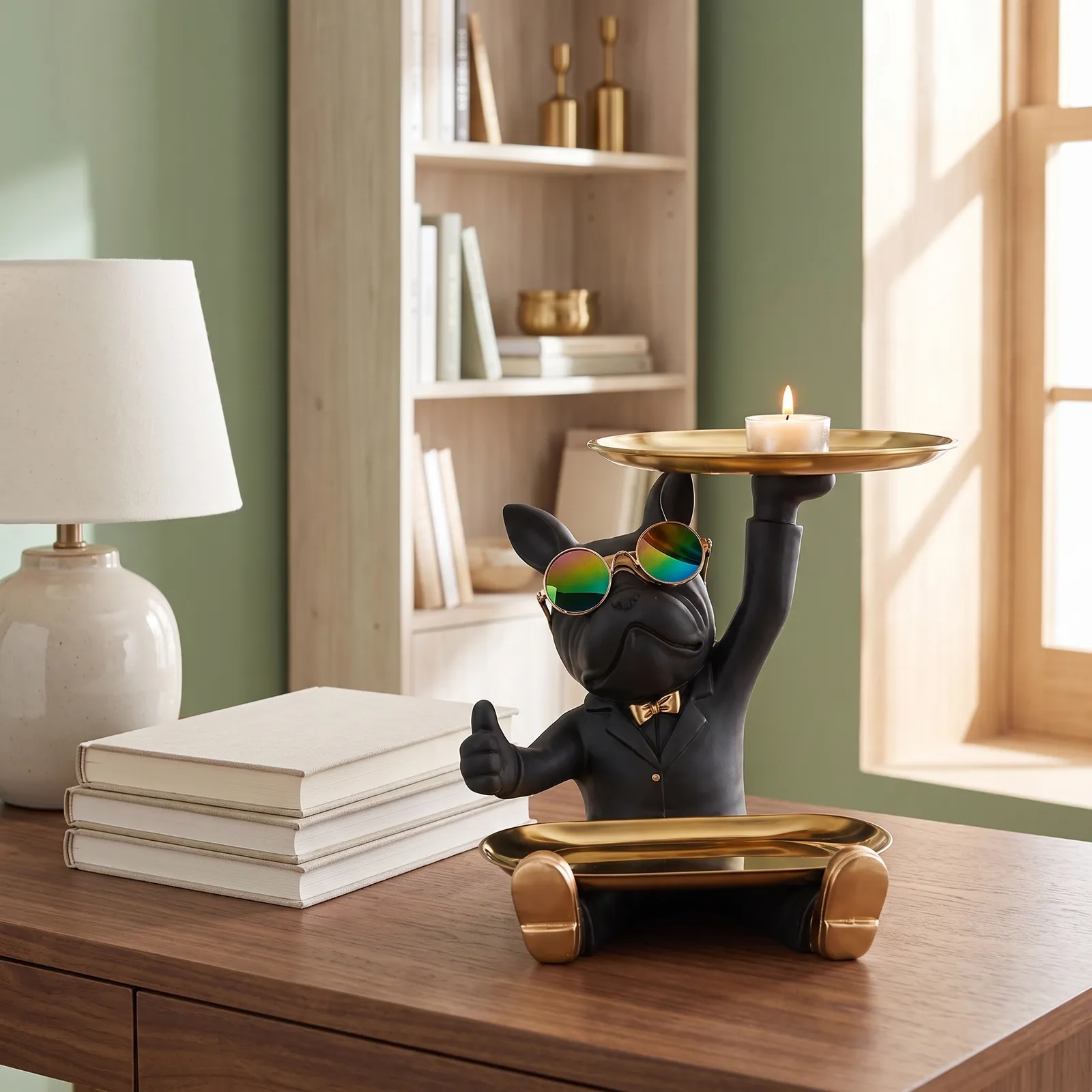 Adorno vaciabolsillos bulldog con bandeja y base, Negro y dorado (21*18*23.5cm)