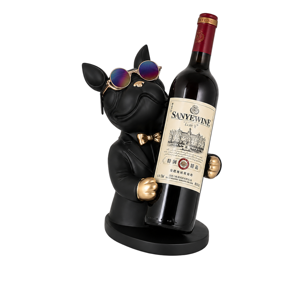 Adorno portabotella bulldog sentado, Negro y dorado (15*18*28cm)
