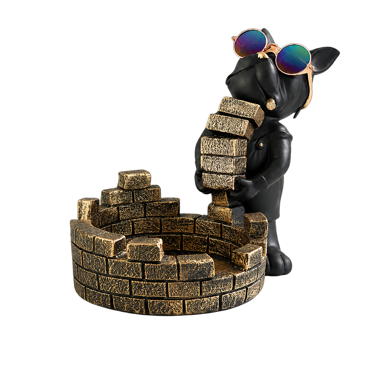 Adorno cenicero bulldog sobre muro de ladrillo, Negro (15.5*23.5*21cm)