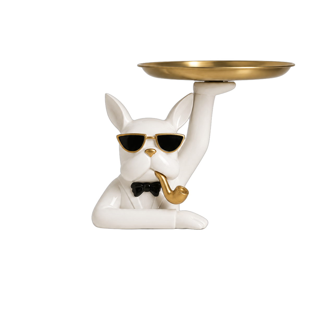 Adorno vaciabolsillos bulldog con gafas y bandeja, Blanco (21*17*19cm)