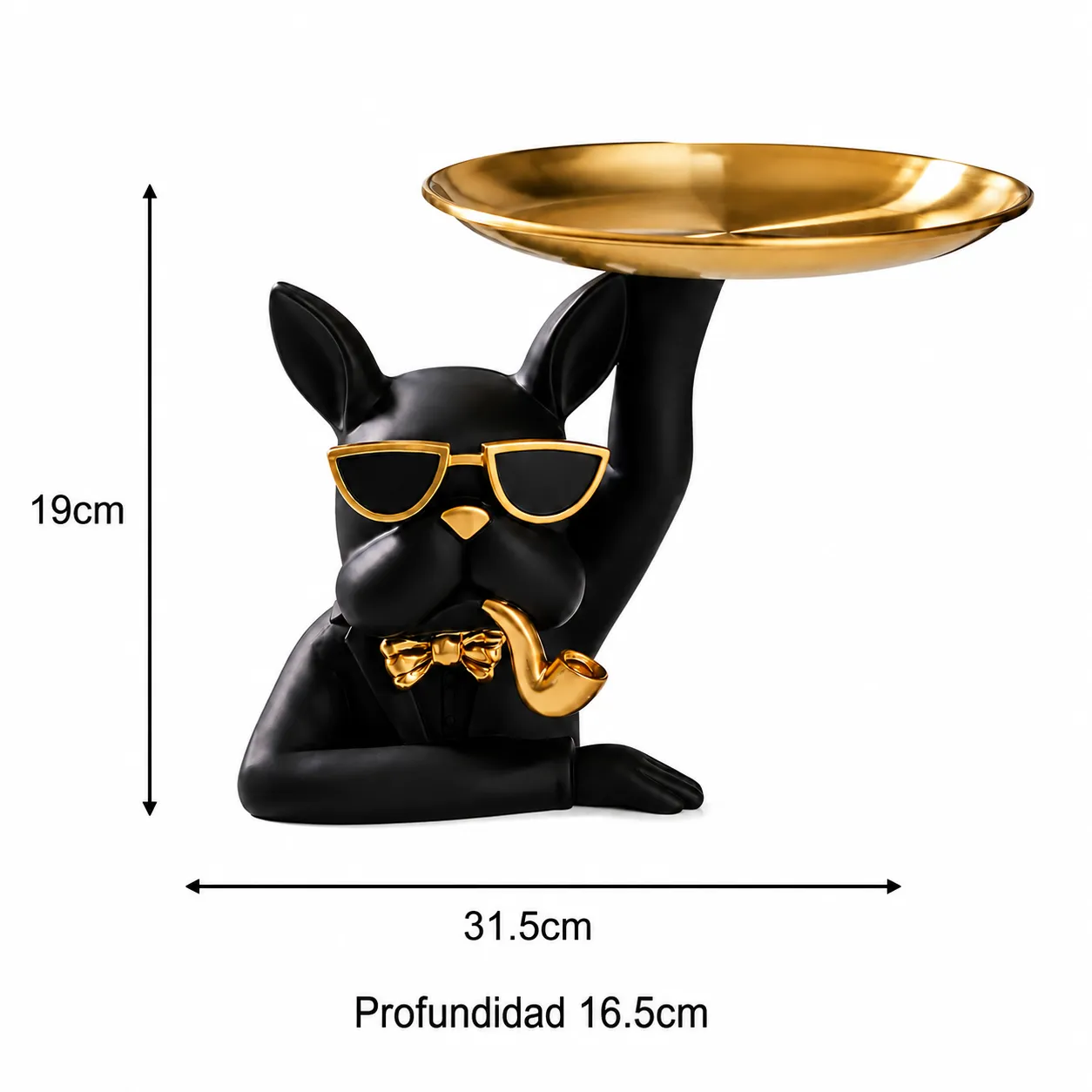 Adorno vaciabolsillos bulldog con gafas y bandeja, Negro (21*17*19cm)