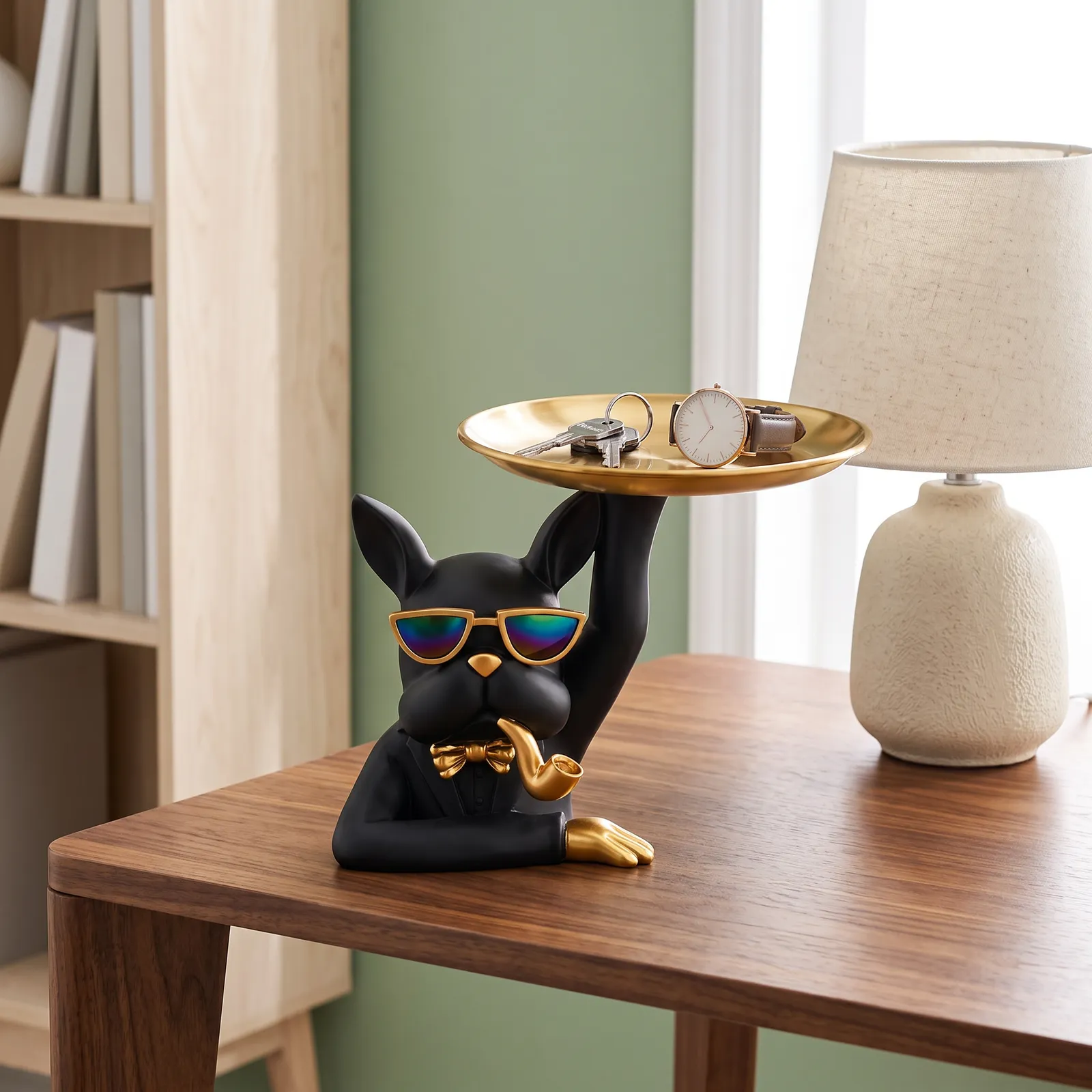 Adorno vaciabolsillos bulldog con gafas y bandeja, Negro (21*17*19cm)