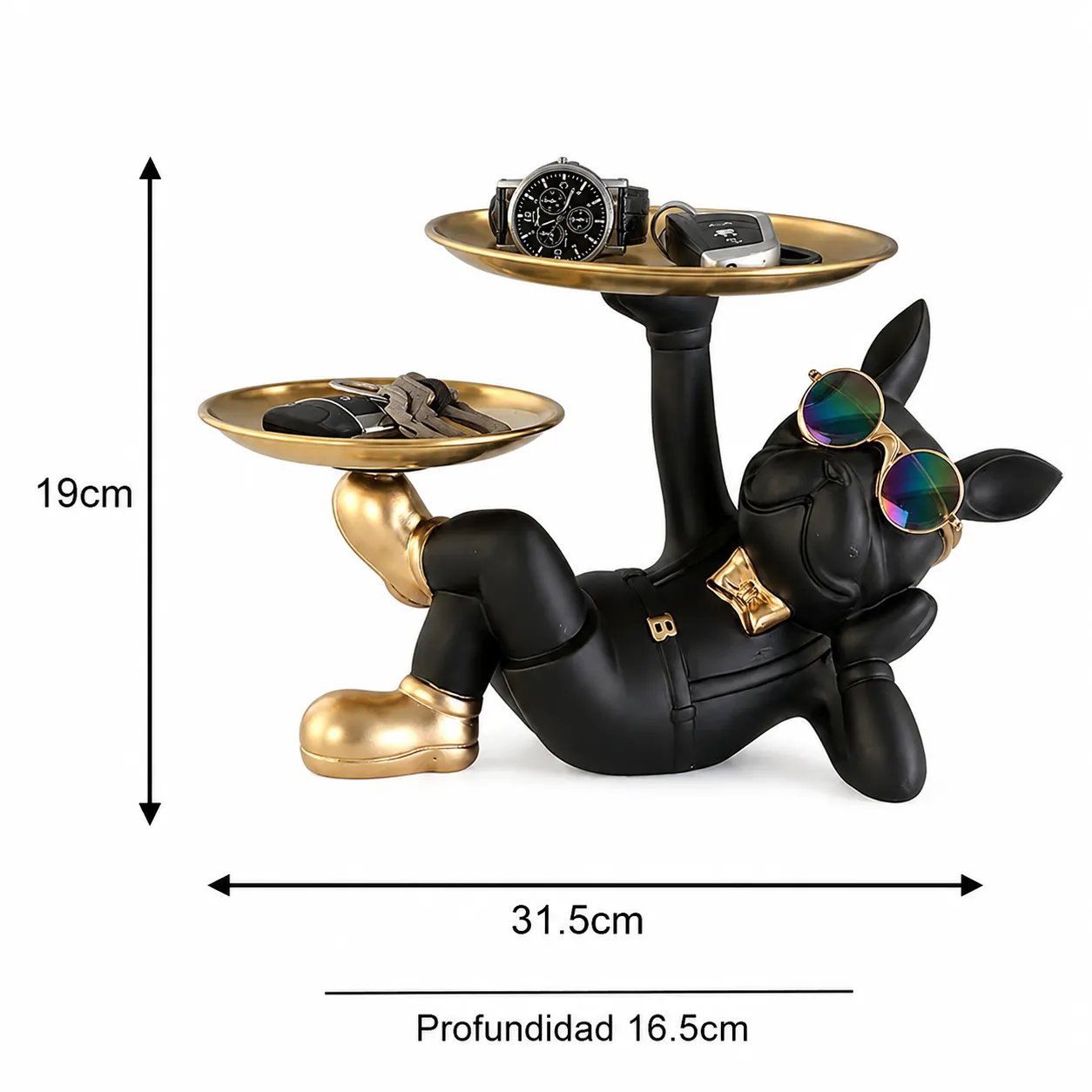 Adorno vaciabolsillos bulldog doble bandeja recostado, Negro (31.5*16.5*19cm)