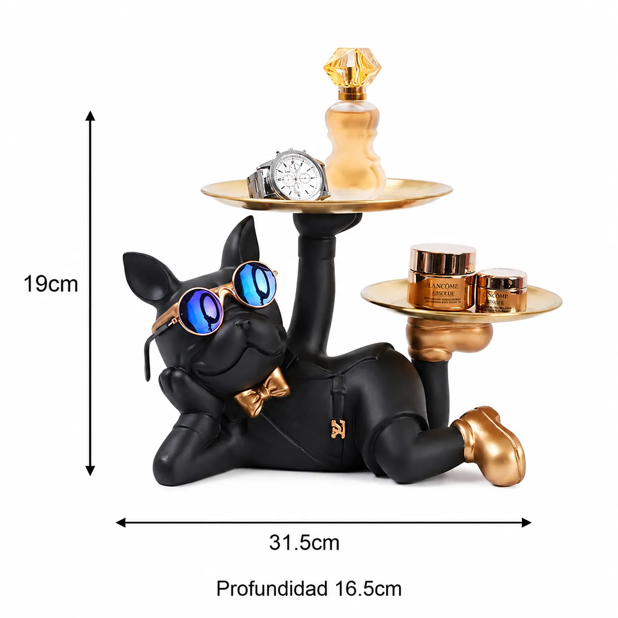 Adorno vaciabolsillos bulldog recostado doble bandeja, Negro (31.5*16.5*19cm)