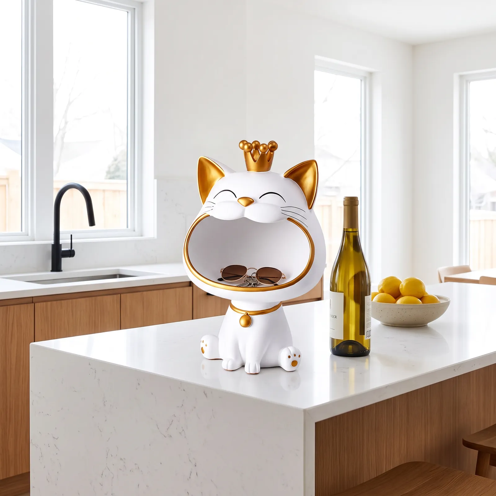 Adorno vaciabolsillos gato hocico grande con corona, Blanco y dorado (18.5*16.5*27cm)