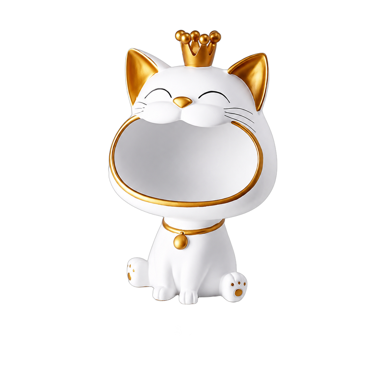 Adorno vaciabolsillos gato hocico grande con corona, Blanco y dorado (18.5*16.5*27cm)